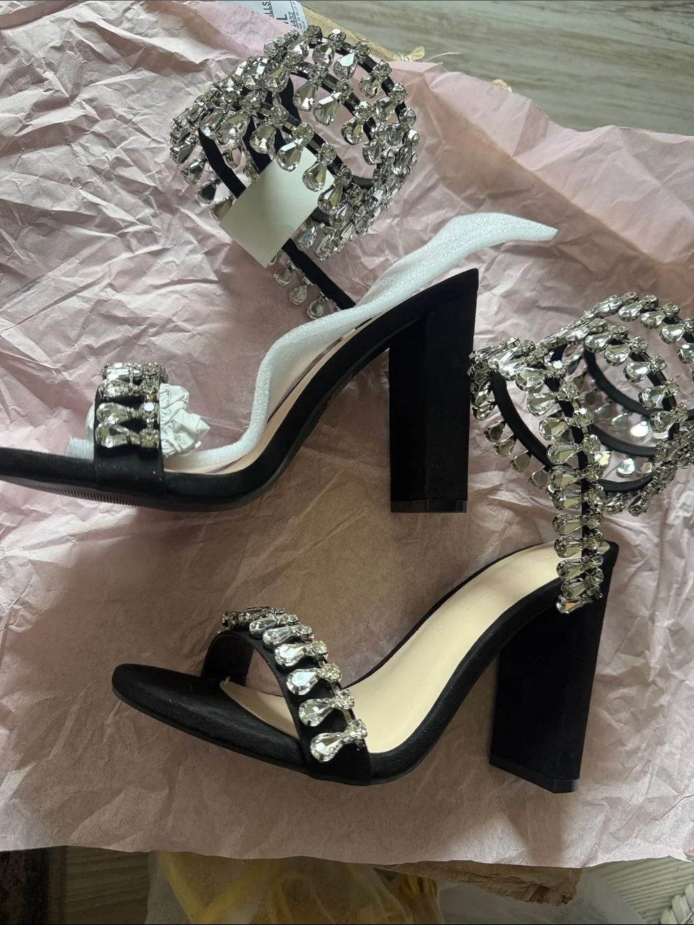 Wild Diva Black Crystal Teardrop Strap Heels